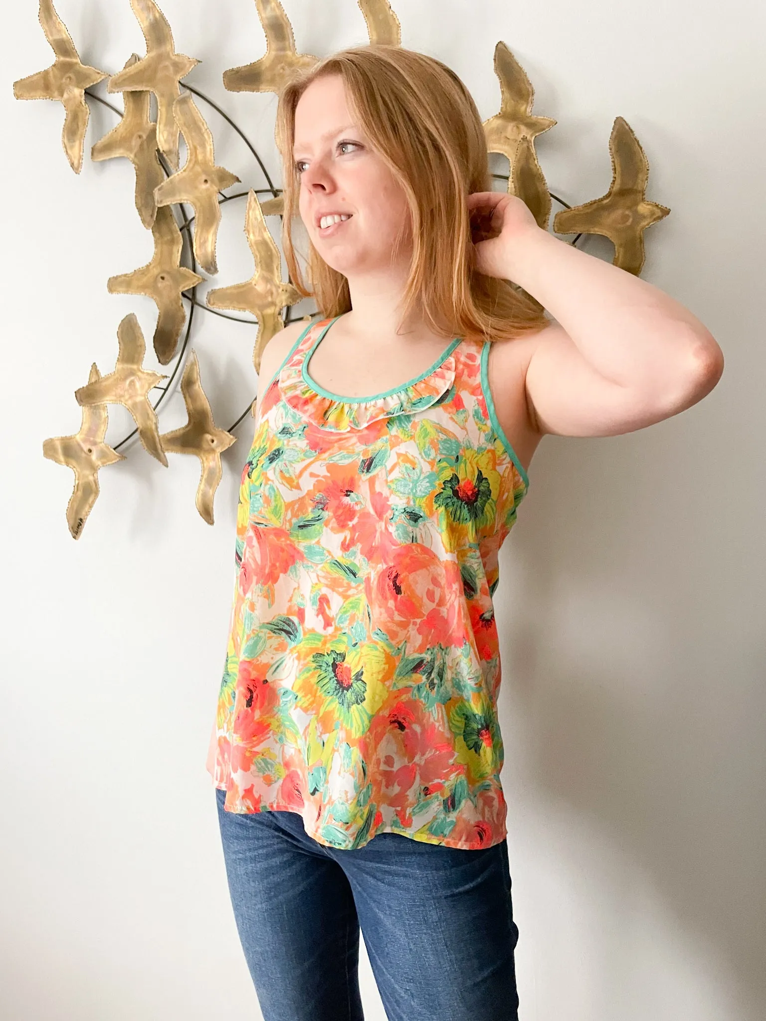 Candie's Neon Floral Ruffle Sleeveless Top - Small