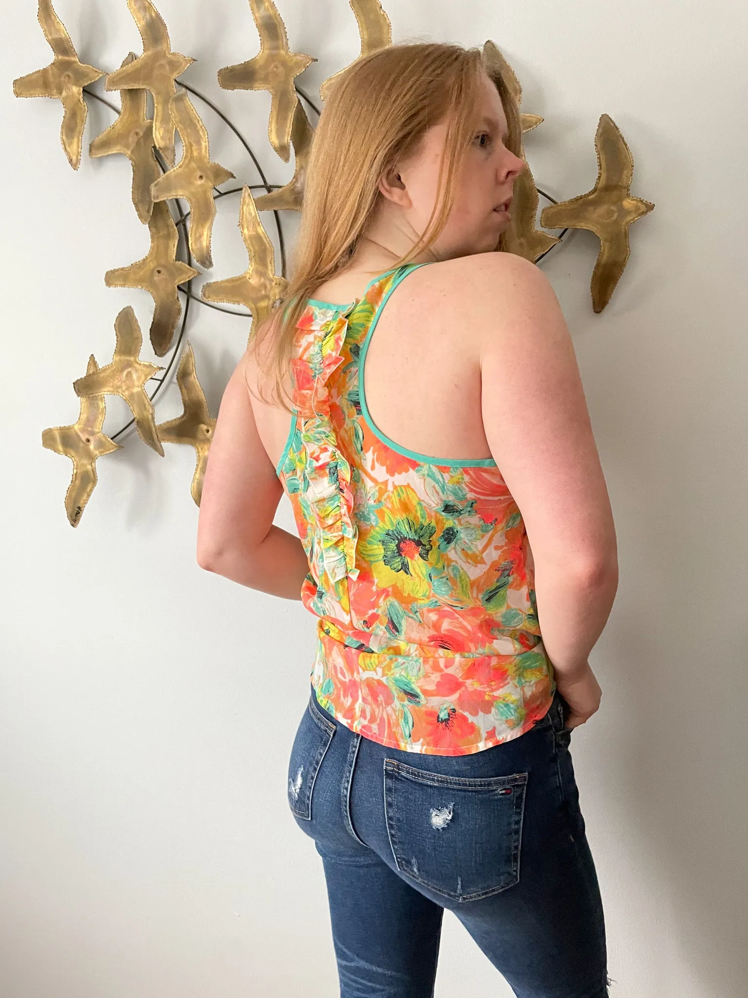 Candie's Neon Floral Ruffle Sleeveless Top - Small