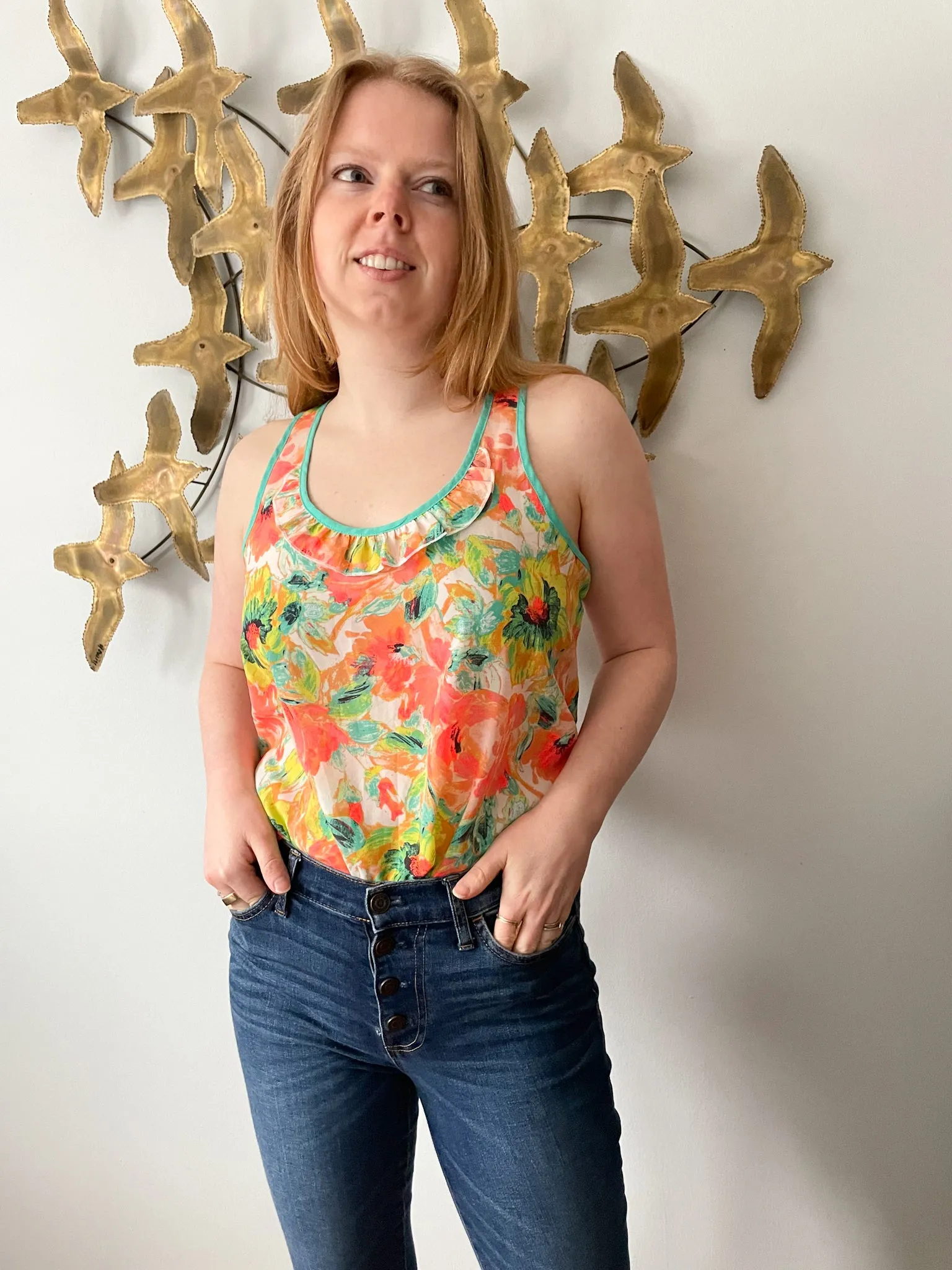 Candie's Neon Floral Ruffle Sleeveless Top - Small