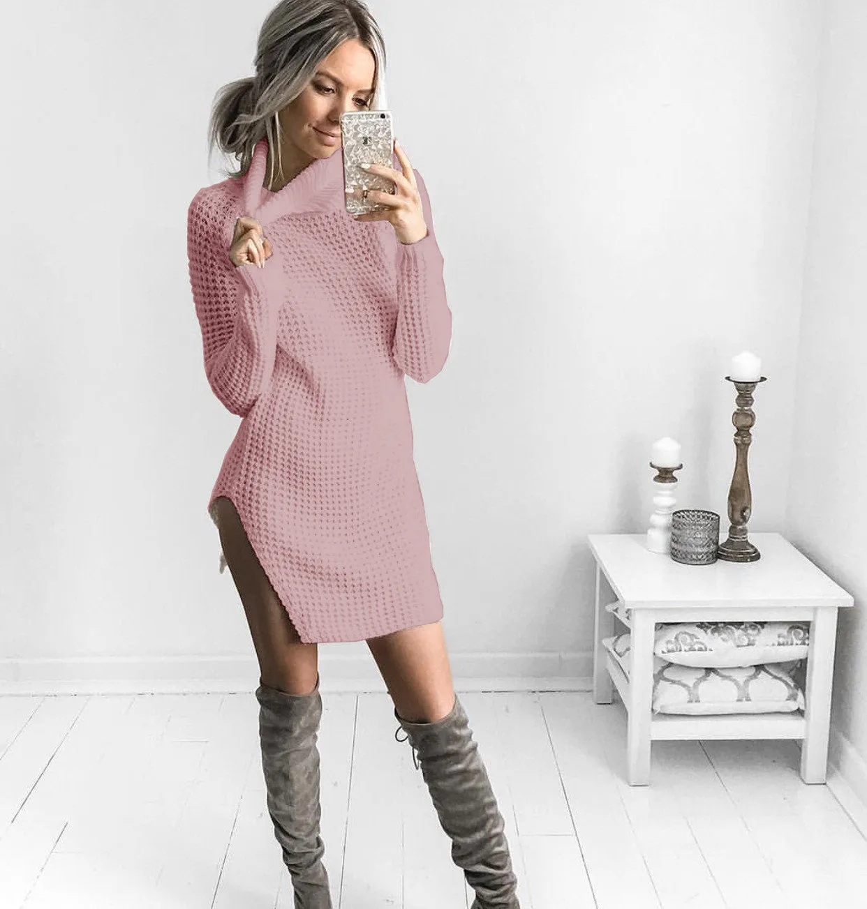 Candy Color High Neck Split Long Sweater