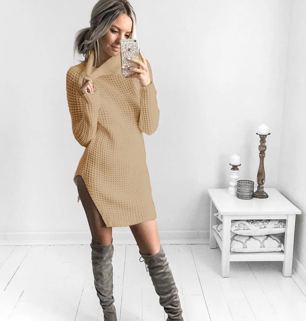 Candy Color High Neck Split Long Sweater