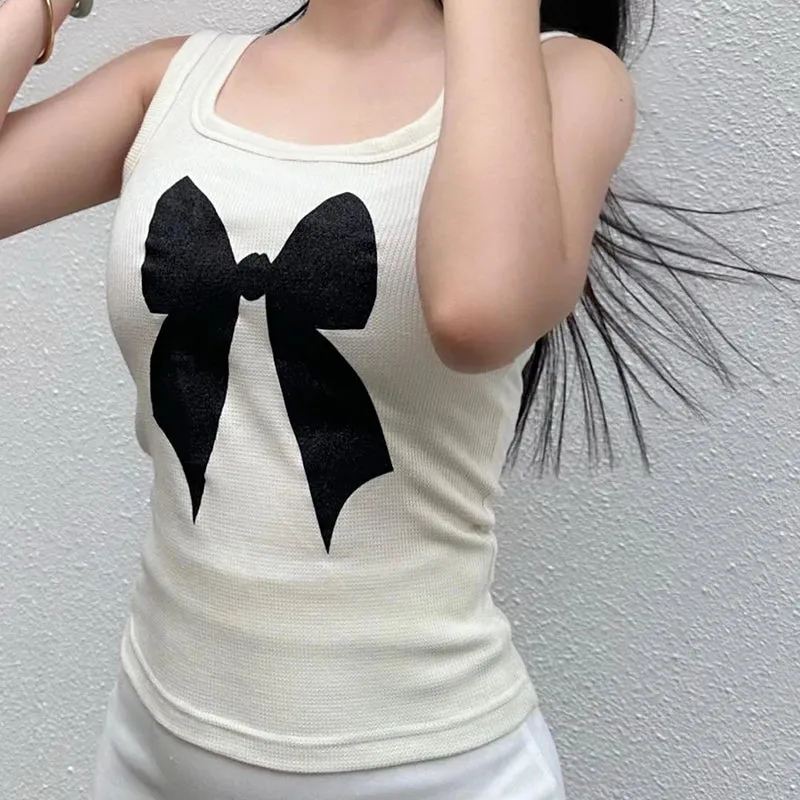 Casual Bow Printed Sleeveless Knit Top