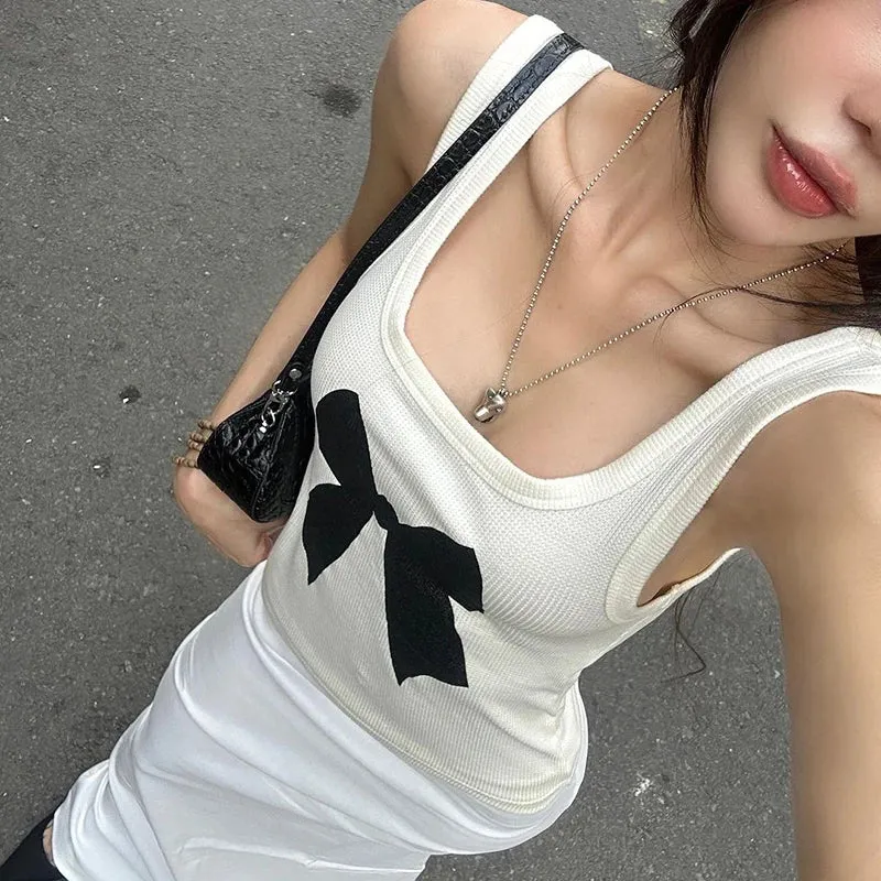 Casual Bow Printed Sleeveless Knit Top