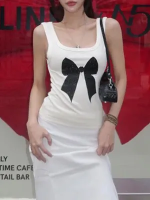 Casual Bow Printed Sleeveless Knit Top