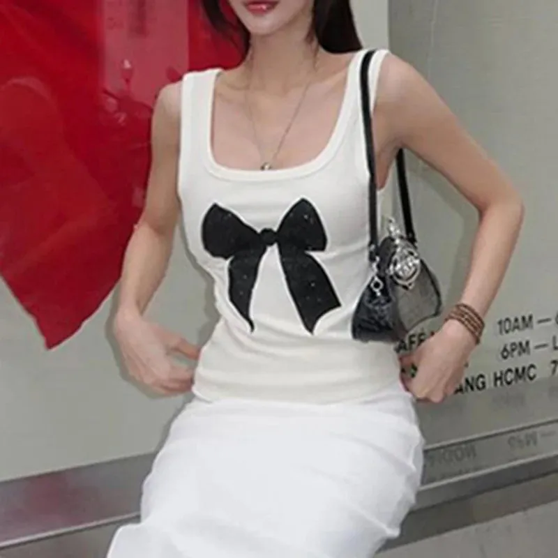 Casual Bow Printed Sleeveless Knit Top