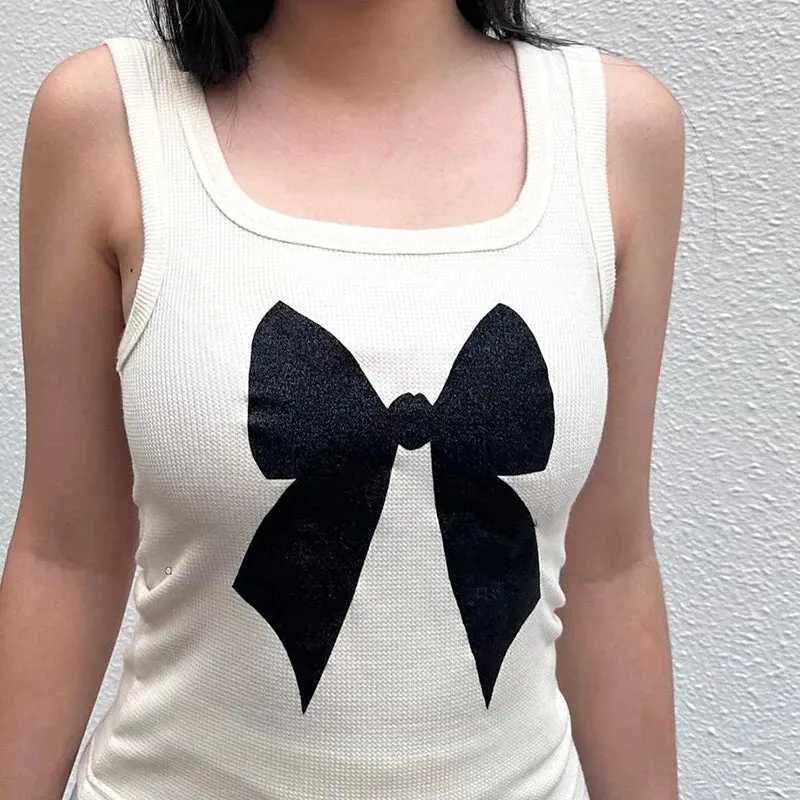 Casual Bow Printed Sleeveless Knit Top