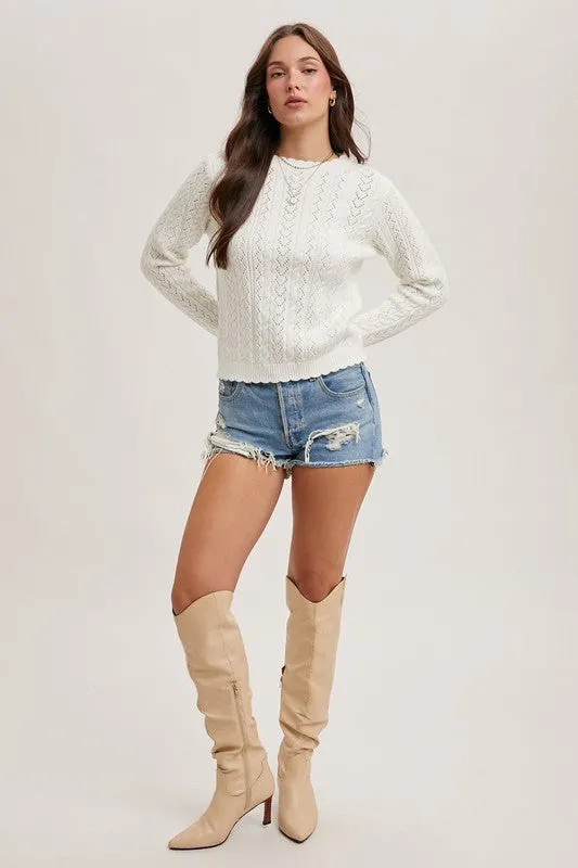 Charlene Long Sleeve Scallop Edge Open Knit Sweater Top White