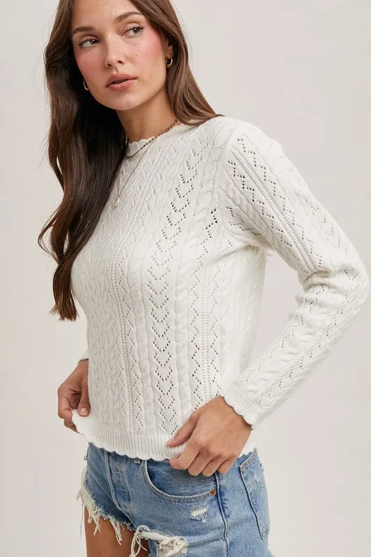 Charlene Long Sleeve Scallop Edge Open Knit Sweater Top White