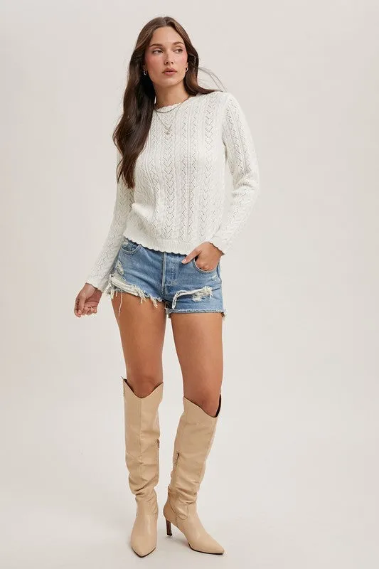 Charlene Long Sleeve Scallop Edge Open Knit Sweater Top White