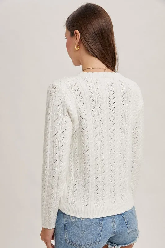 Charlene Long Sleeve Scallop Edge Open Knit Sweater Top White