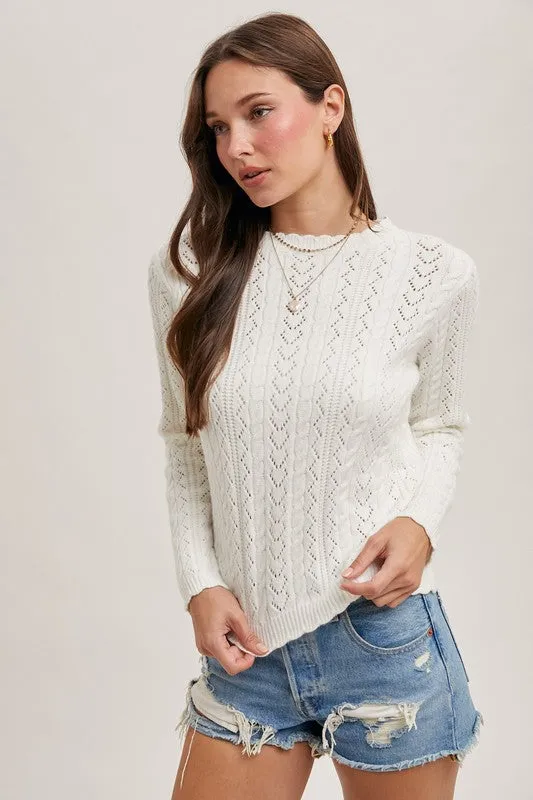 Charlene Long Sleeve Scallop Edge Open Knit Sweater Top White
