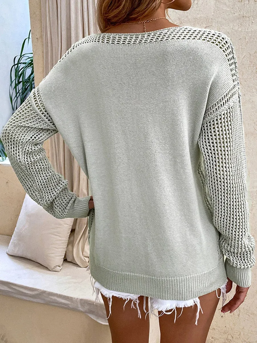Chicmy-European and American casual women's clothing Loose Long-Sleeve Solid Color Hollow V-Neck Sweater