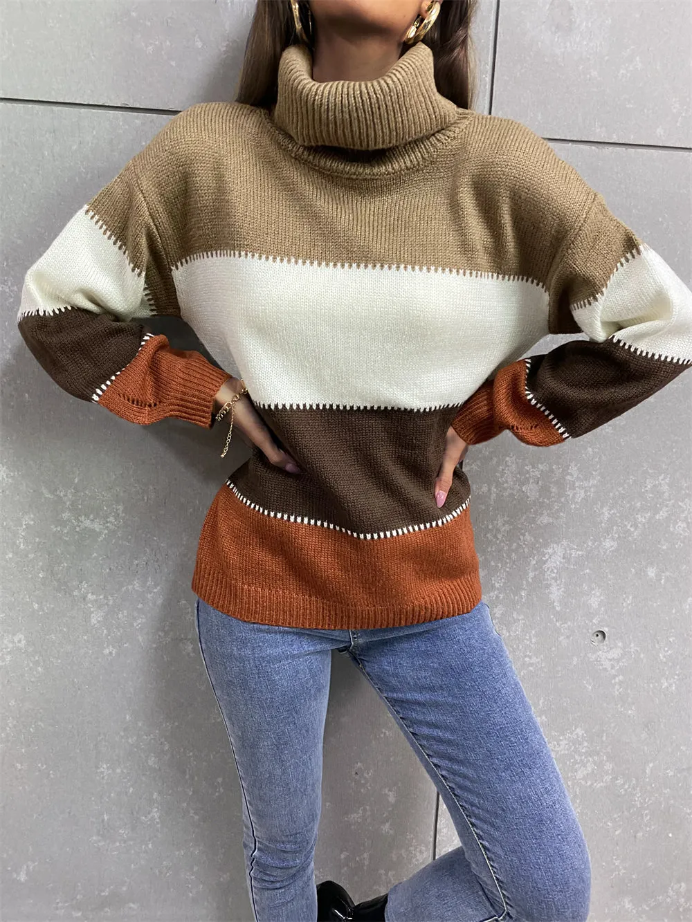 Color Blocking Turtle Neck Women Sweater