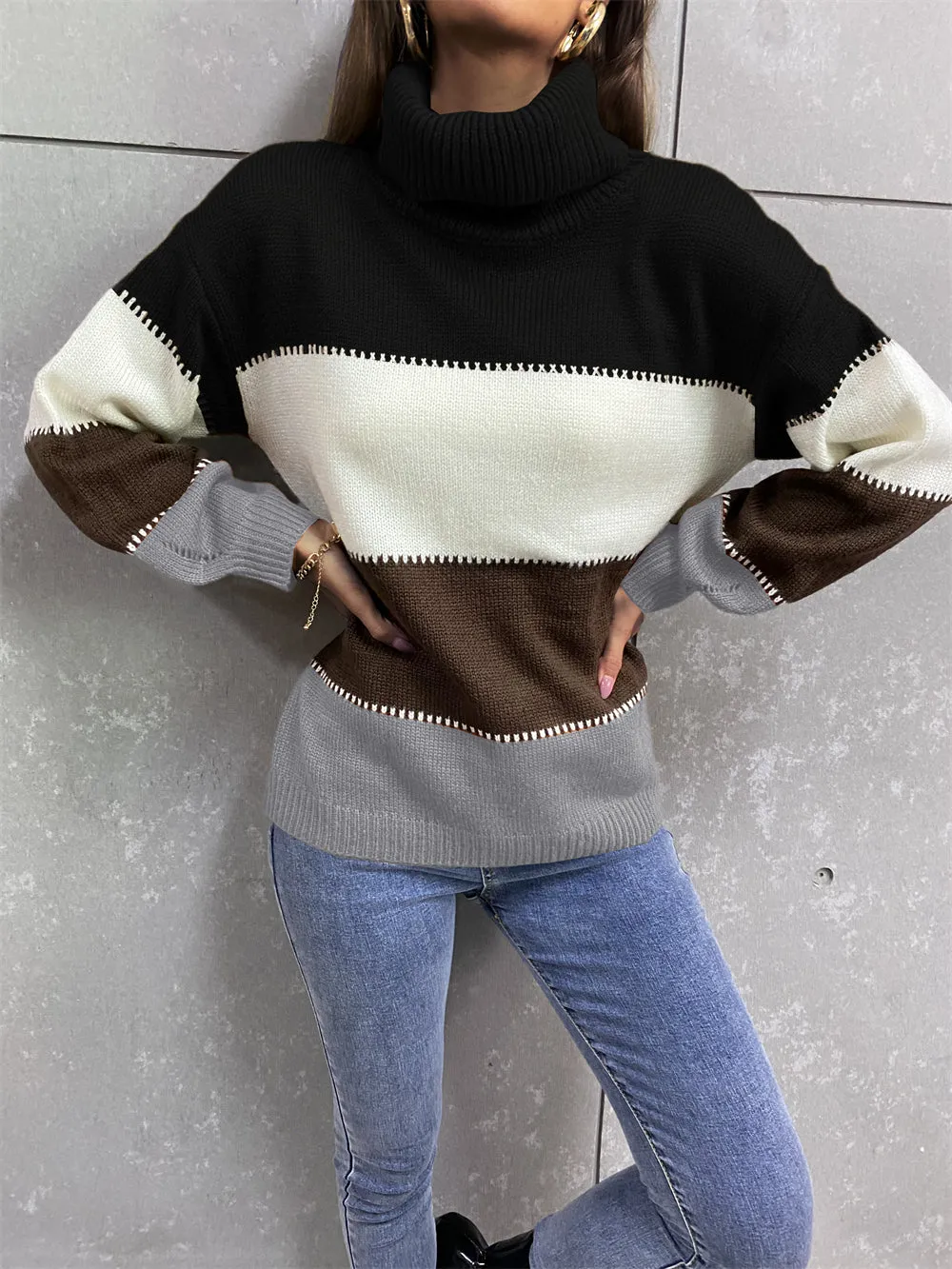 Color Blocking Turtle Neck Women Sweater