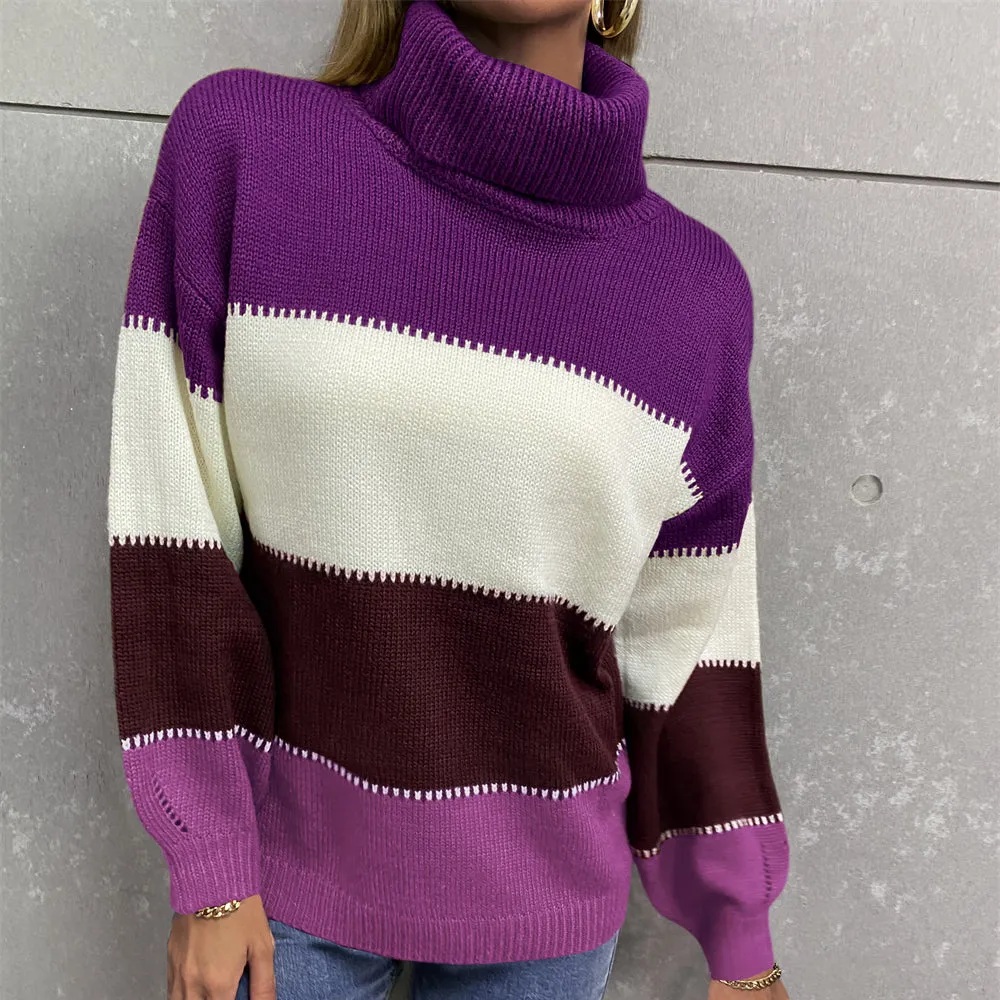 Color Blocking Turtle Neck Women Sweater