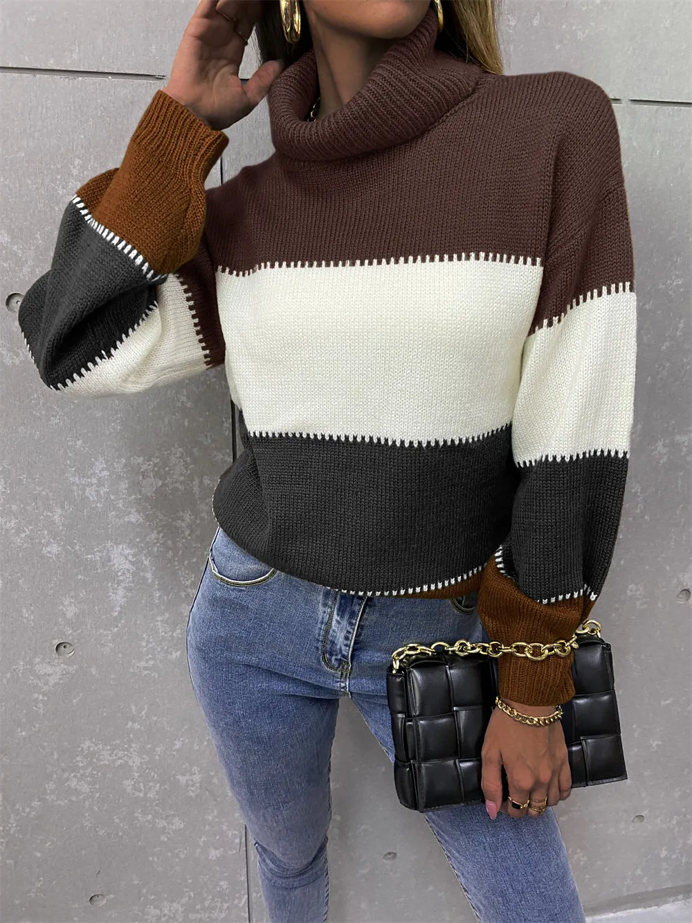 Color Blocking Turtle Neck Women Sweater