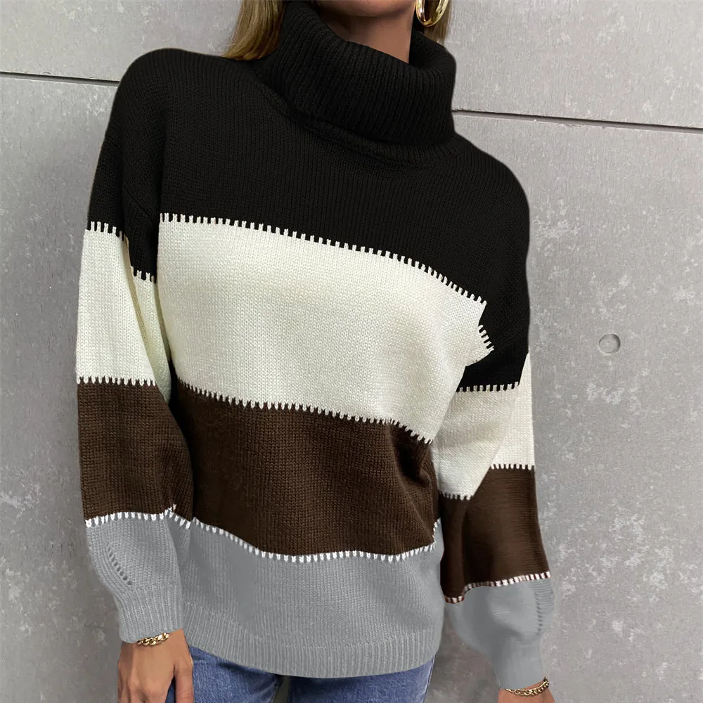 Color Blocking Turtle Neck Women Sweater
