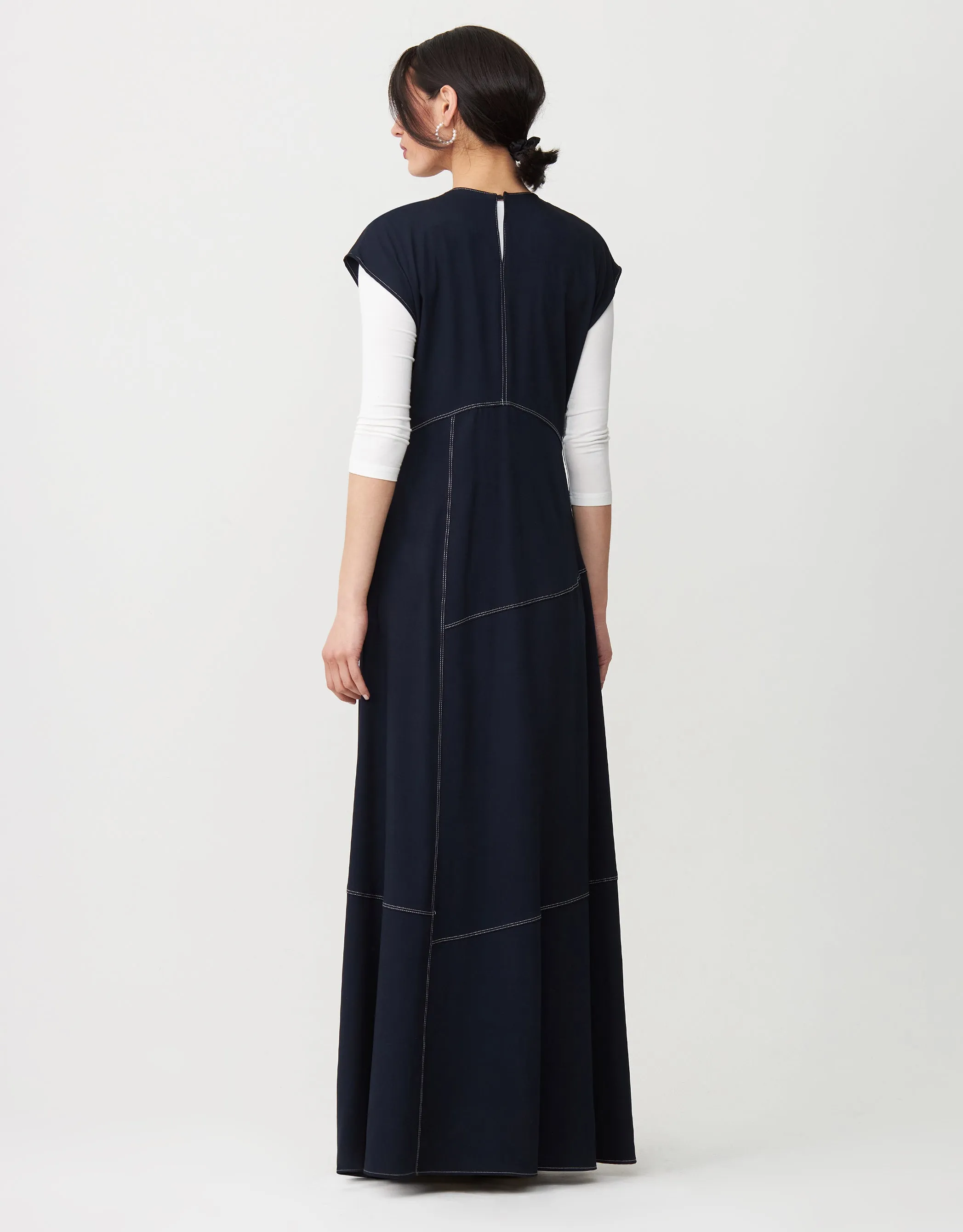 Contrast Stitched Aline Sleeveless Maxi Dress Shabbos Robe Navy
