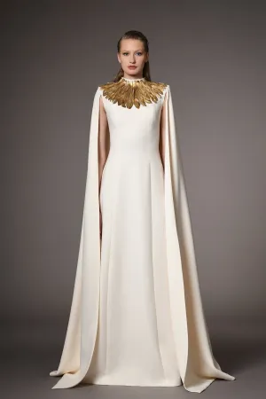 Crepe Cape Dress with Feathers