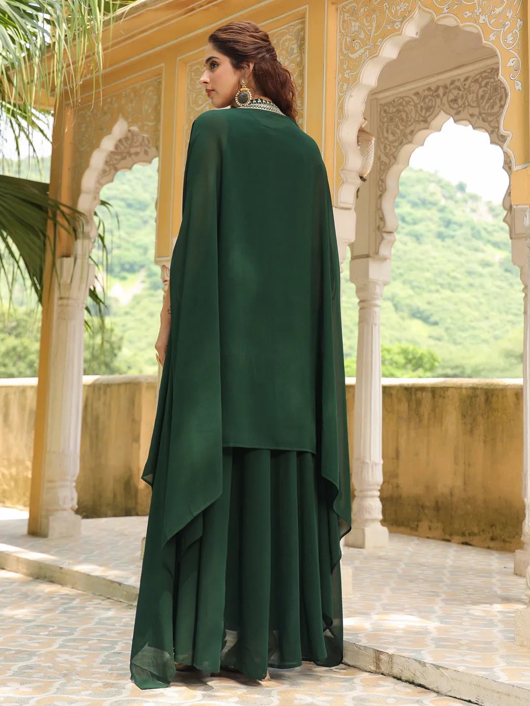 Dark Green Georgette Embroidered Anarkali Dress With Cape  - By Janasya