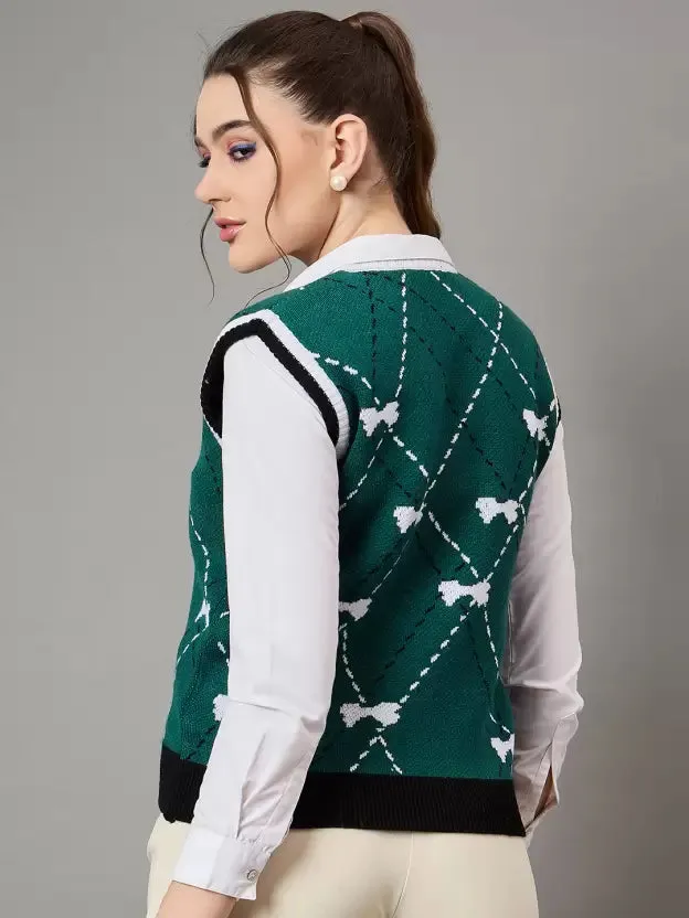 Dark Green Self Design Sweater