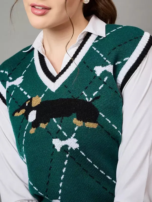 Dark Green Self Design Sweater