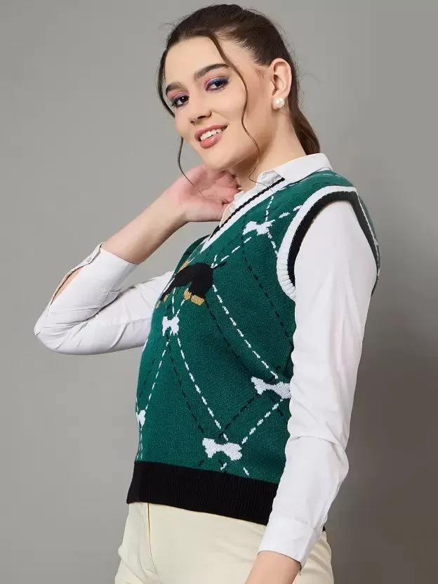 Dark Green Self Design Sweater