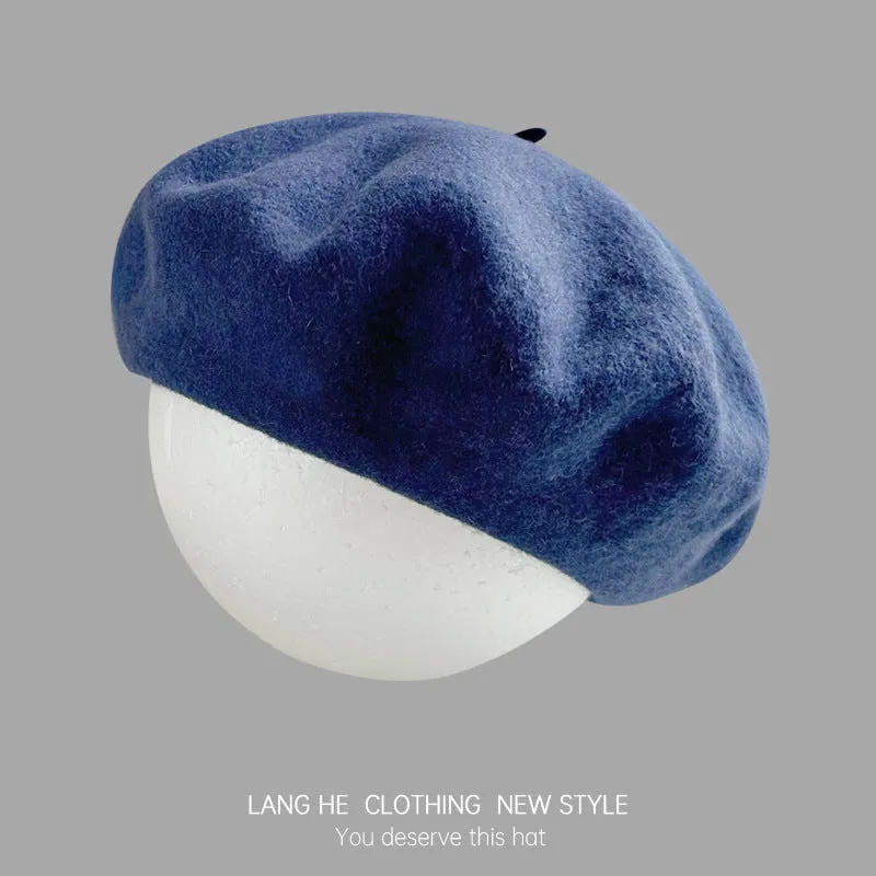 Dopamine solid color wool beret women's fashion painter hat autumn and winter literary retro woolen hat