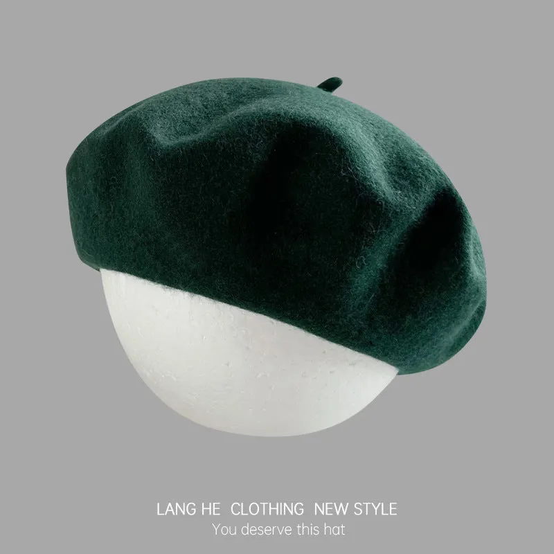Dopamine solid color wool beret women's fashion painter hat autumn and winter literary retro woolen hat