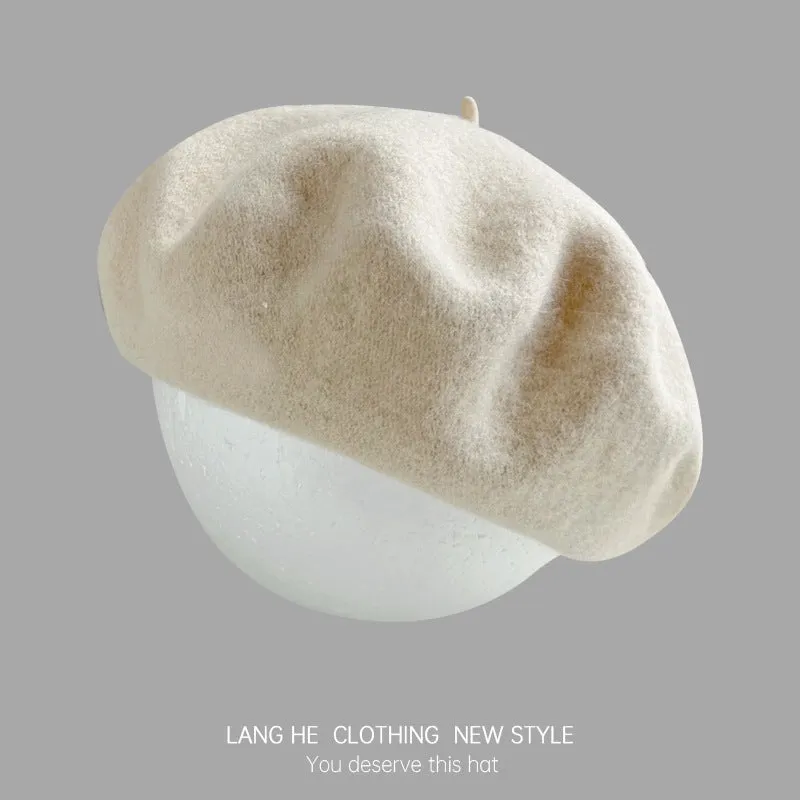 Dopamine solid color wool beret women's fashion painter hat autumn and winter literary retro woolen hat
