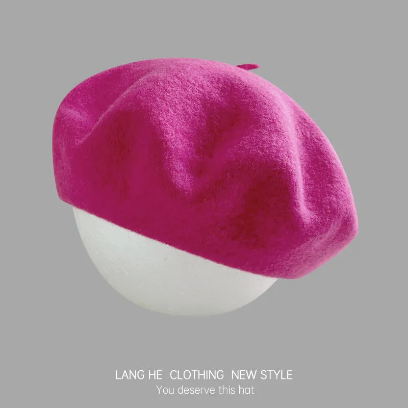 Dopamine solid color wool beret women's fashion painter hat autumn and winter literary retro woolen hat