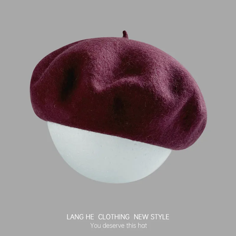 Dopamine solid color wool beret women's fashion painter hat autumn and winter literary retro woolen hat