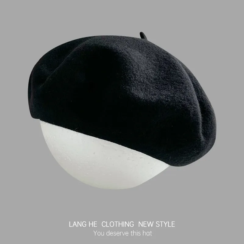 Dopamine solid color wool beret women's fashion painter hat autumn and winter literary retro woolen hat
