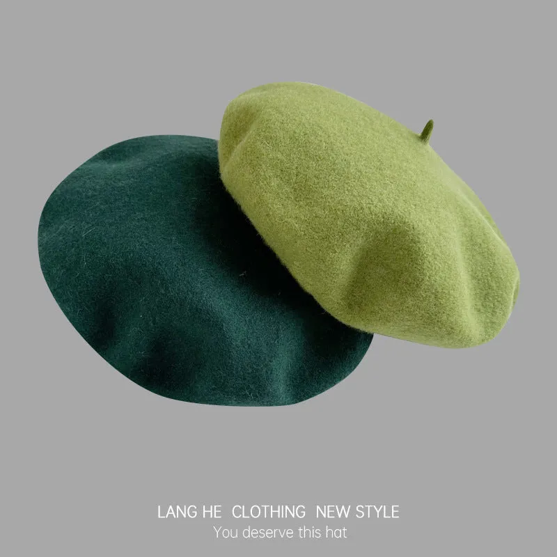 Dopamine solid color wool beret women's fashion painter hat autumn and winter literary retro woolen hat