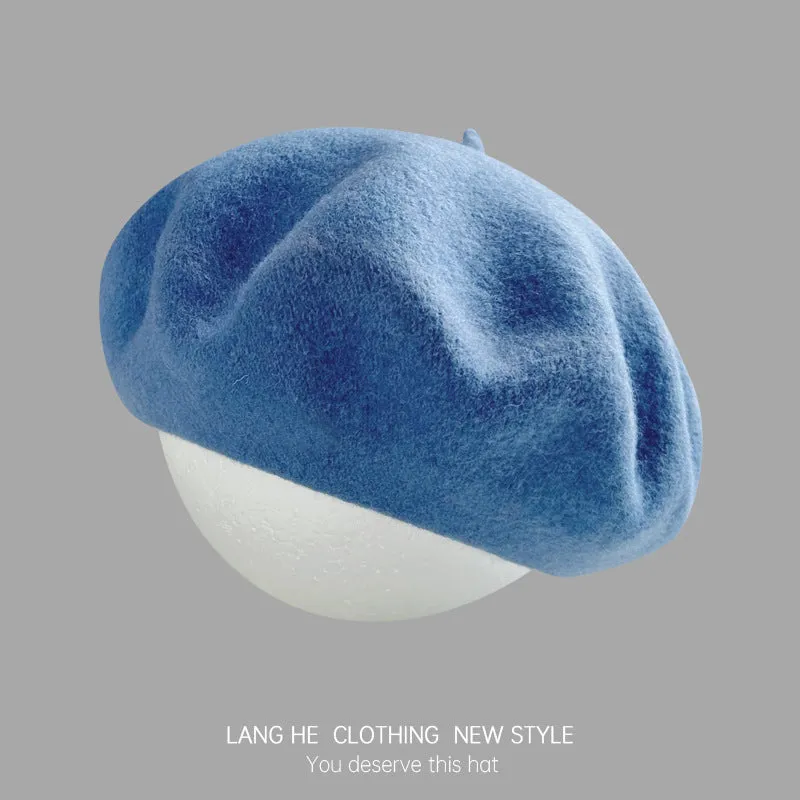 Dopamine solid color wool beret women's fashion painter hat autumn and winter literary retro woolen hat
