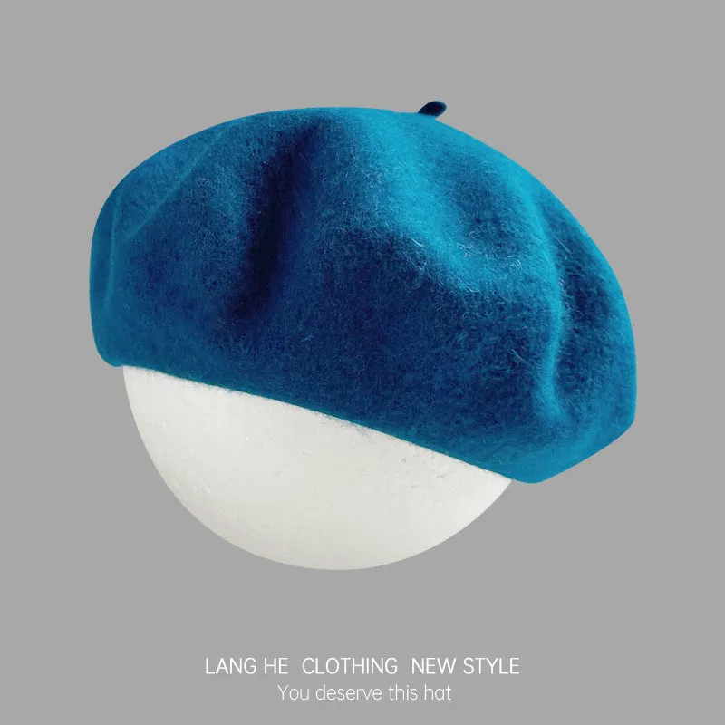 Dopamine solid color wool beret women's fashion painter hat autumn and winter literary retro woolen hat