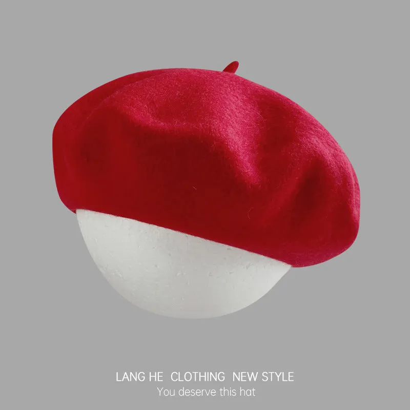 Dopamine solid color wool beret women's fashion painter hat autumn and winter literary retro woolen hat
