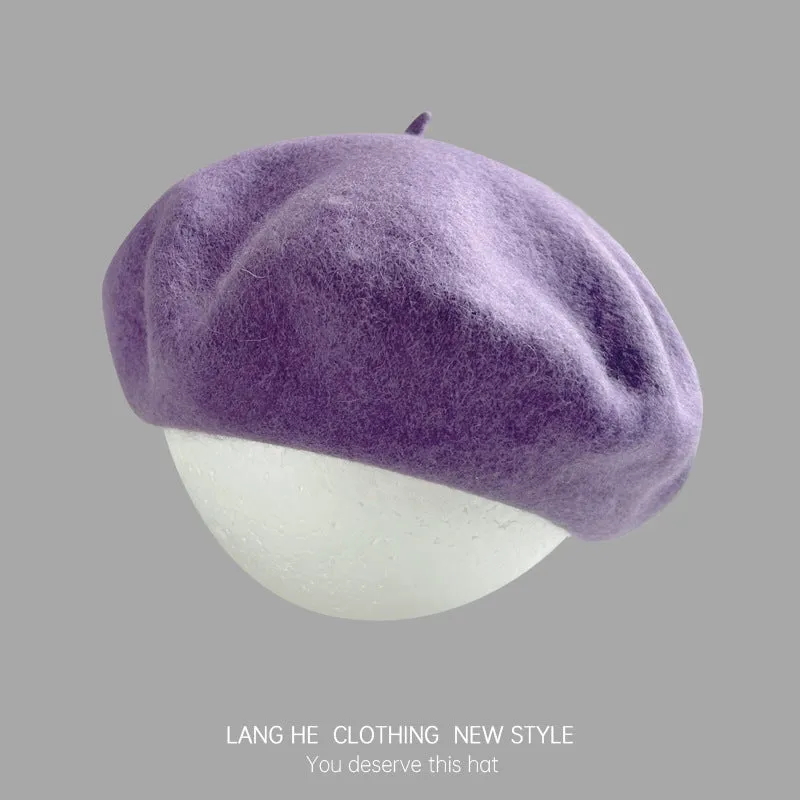 Dopamine solid color wool beret women's fashion painter hat autumn and winter literary retro woolen hat