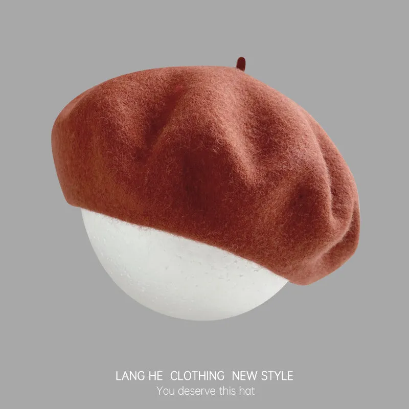 Dopamine solid color wool beret women's fashion painter hat autumn and winter literary retro woolen hat