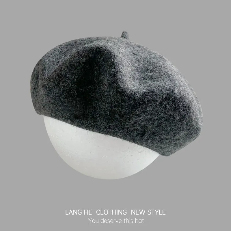 Dopamine solid color wool beret women's fashion painter hat autumn and winter literary retro woolen hat