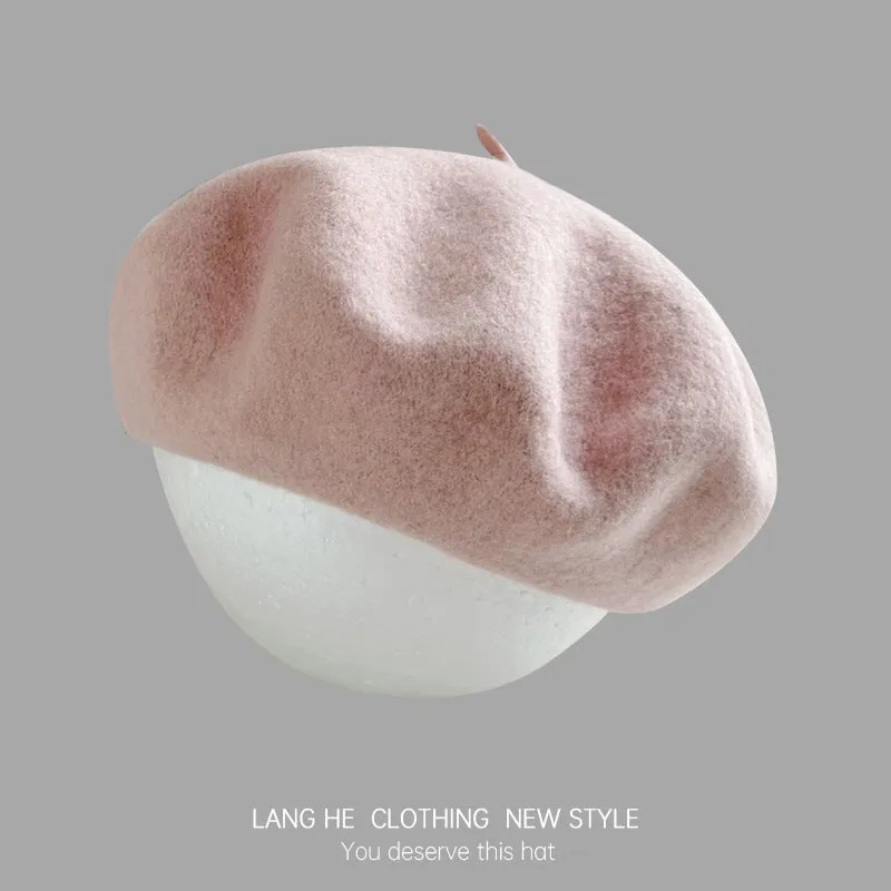 Dopamine solid color wool beret women's fashion painter hat autumn and winter literary retro woolen hat
