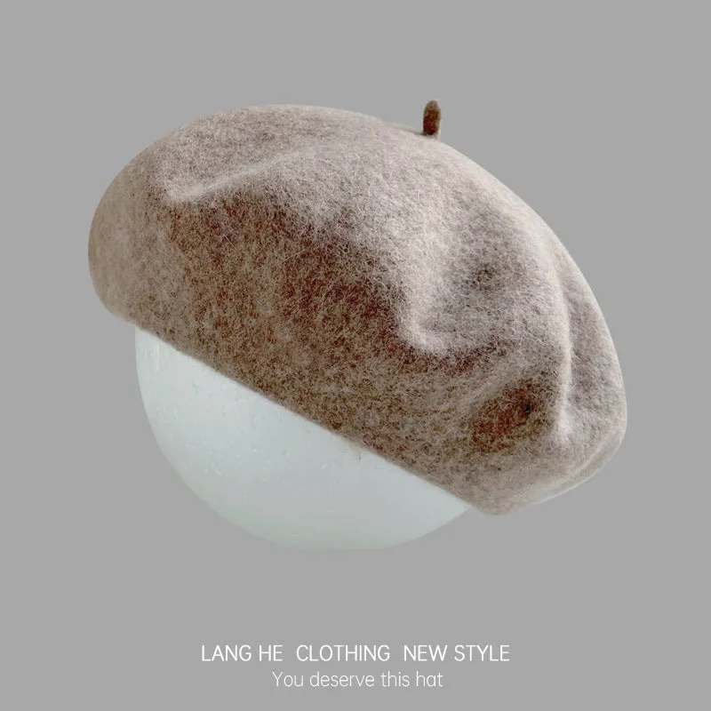 Dopamine solid color wool beret women's fashion painter hat autumn and winter literary retro woolen hat