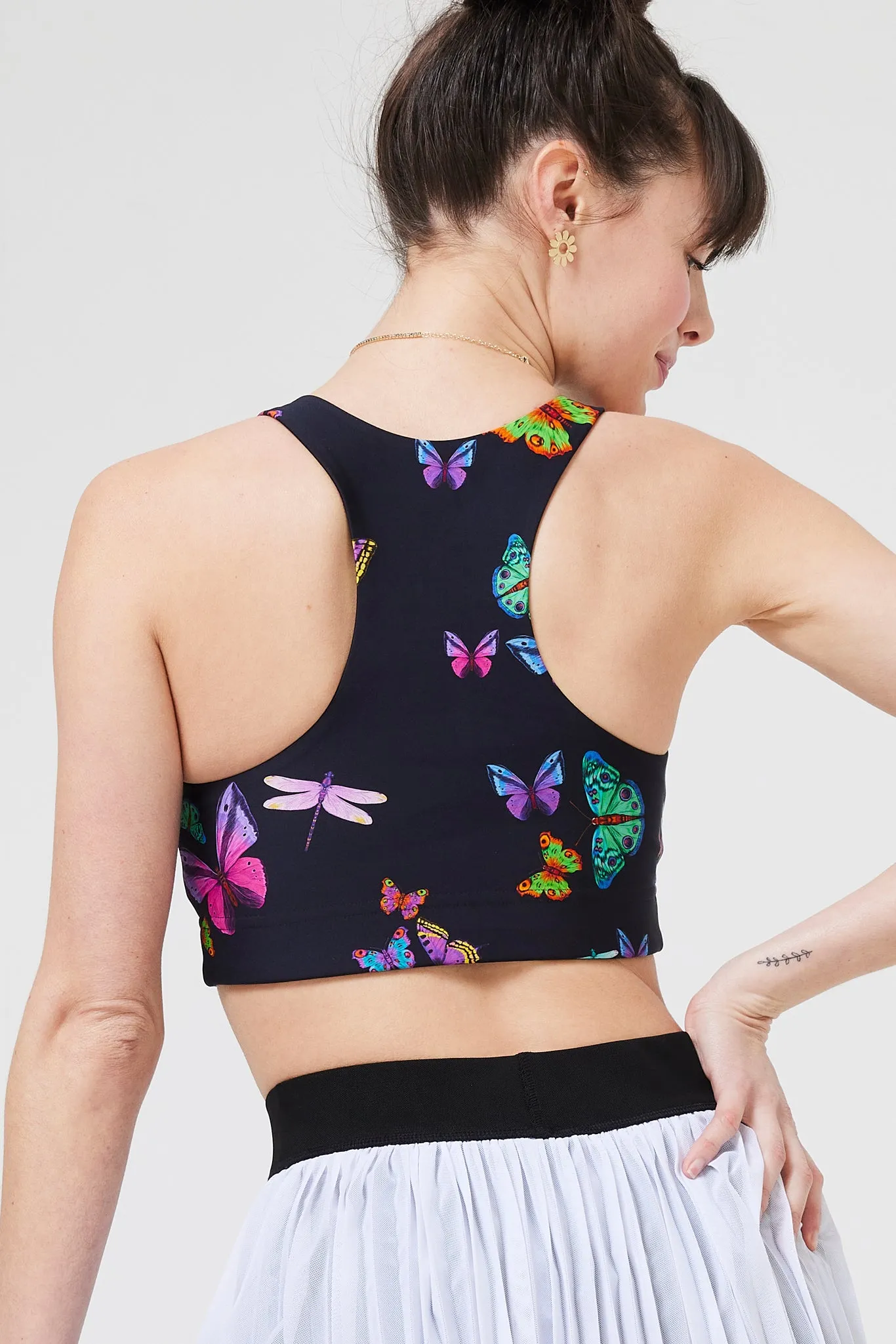DuoKnit Sports Bra in Black Neon Butterflies