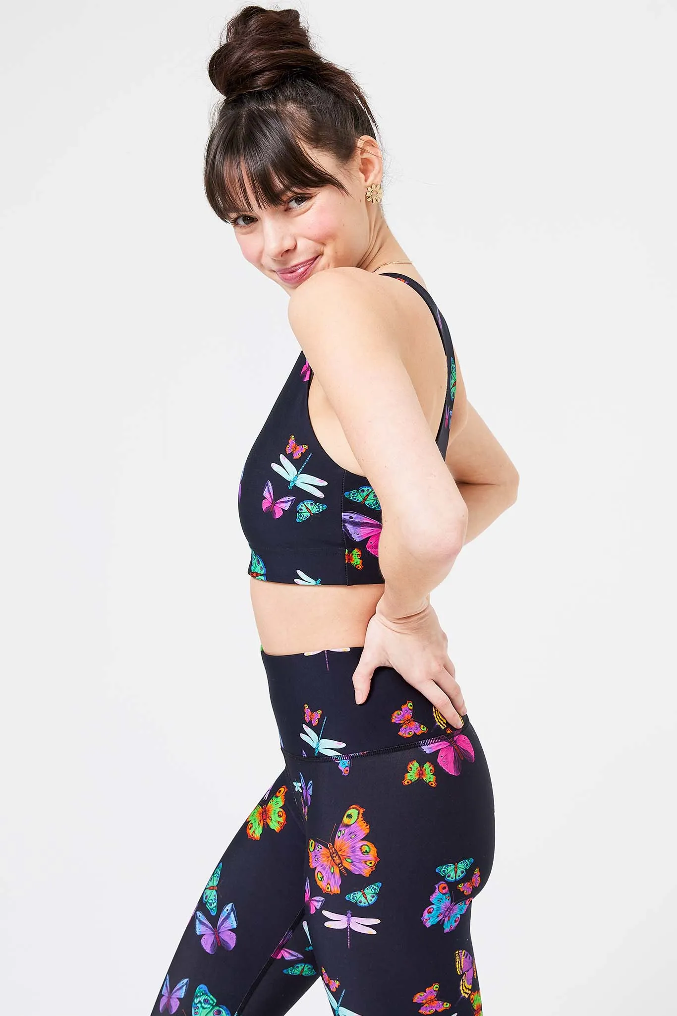 DuoKnit Sports Bra in Black Neon Butterflies