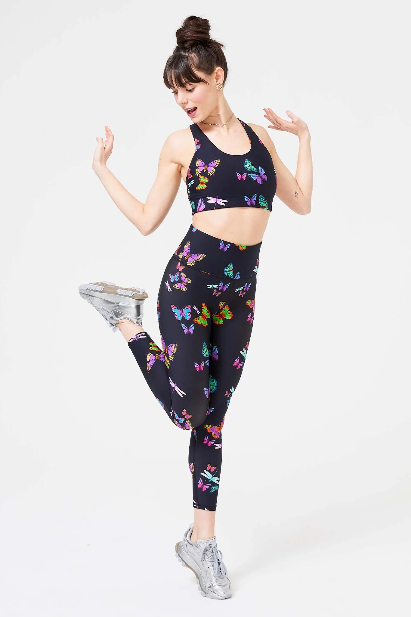 DuoKnit Sports Bra in Black Neon Butterflies