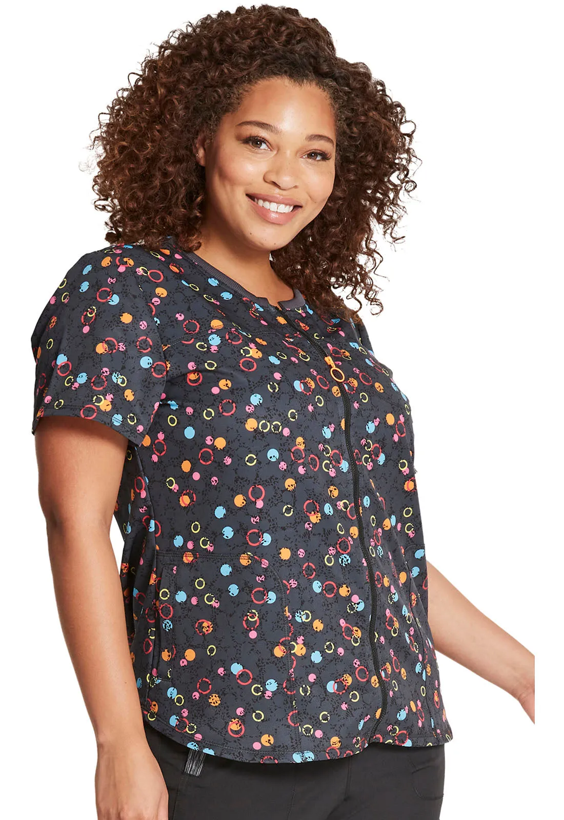 Dynamix - Women's Dot's So Bright Zip Front Round Neck Top
