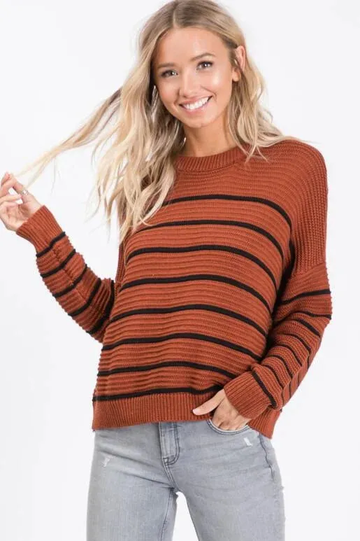 Fall Vibes Rust and Black Striped Sweater