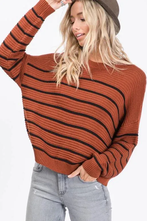 Fall Vibes Rust and Black Striped Sweater