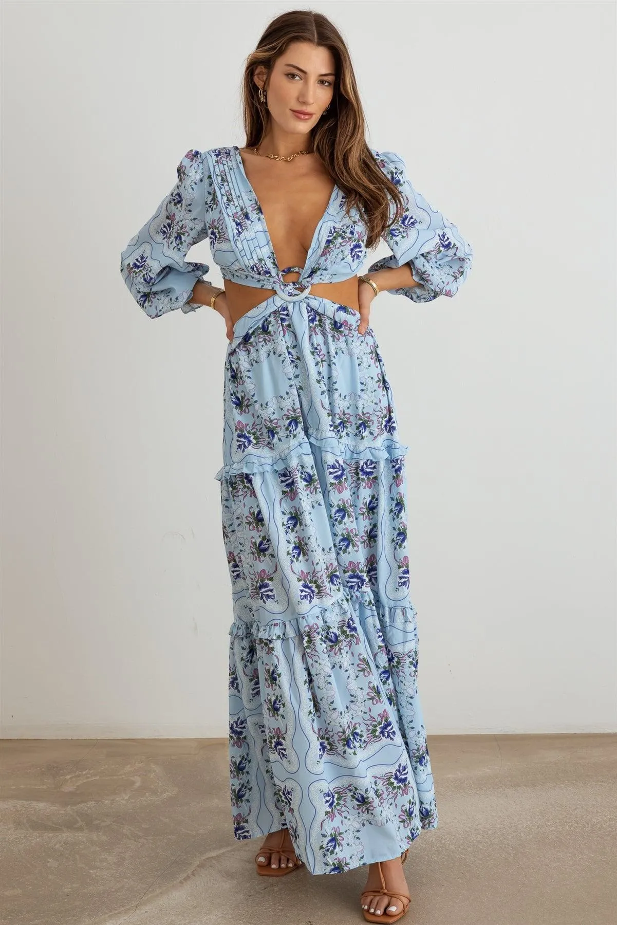 Floral Ruffle Criss-Cross Waist O-Ring  Maxi Dress
