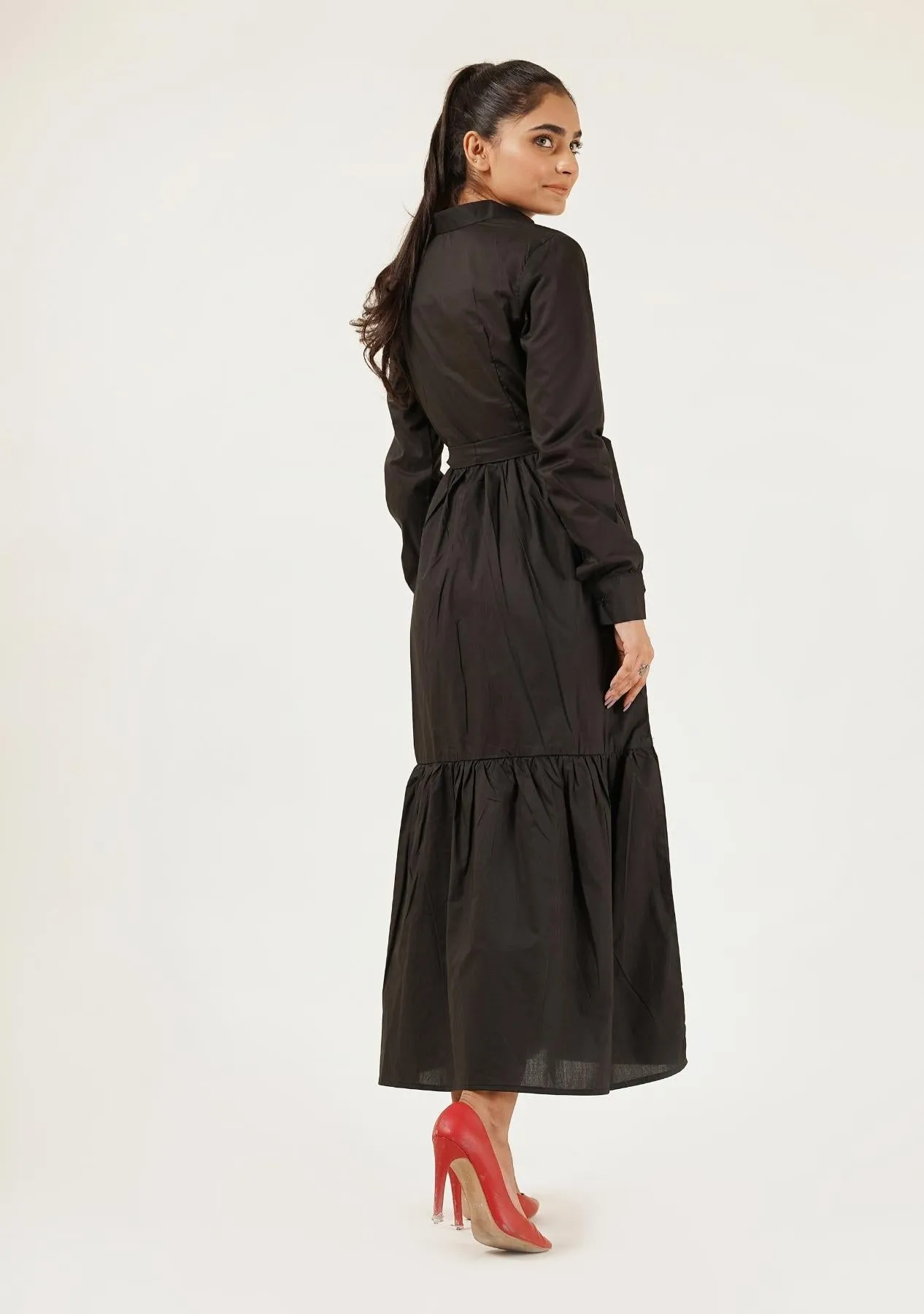 Front Button Long Sleeve Maxi Dress - black